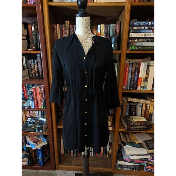 Amanda Uprichard Dresses & Skirts - Amanda uprichard black silk button front dress elastic waist 3/4 sleeve sz s euc